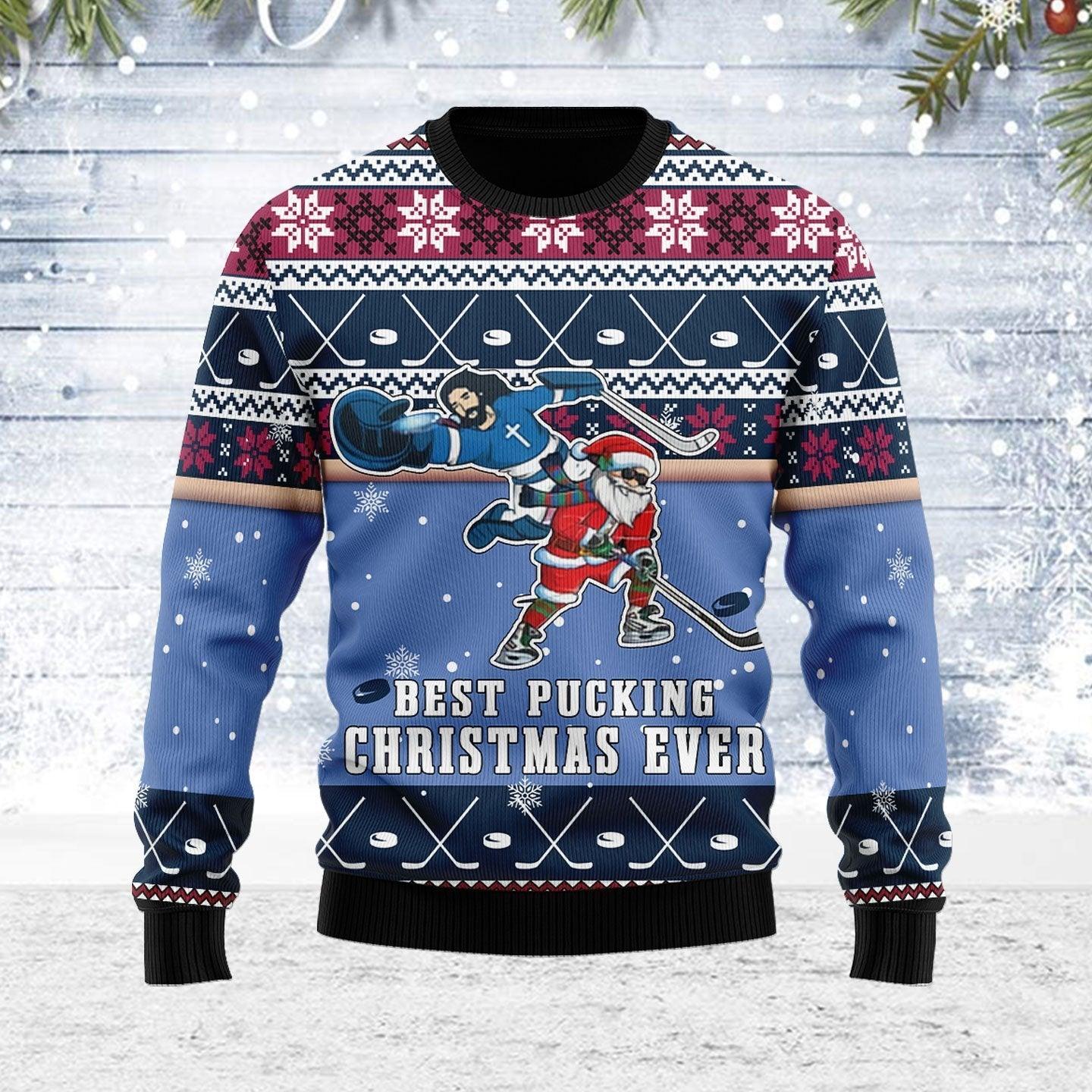 Best Pucking Christmas Ever Jesus And Santa Claus Ugly Christmas Sweater - CustomsPig