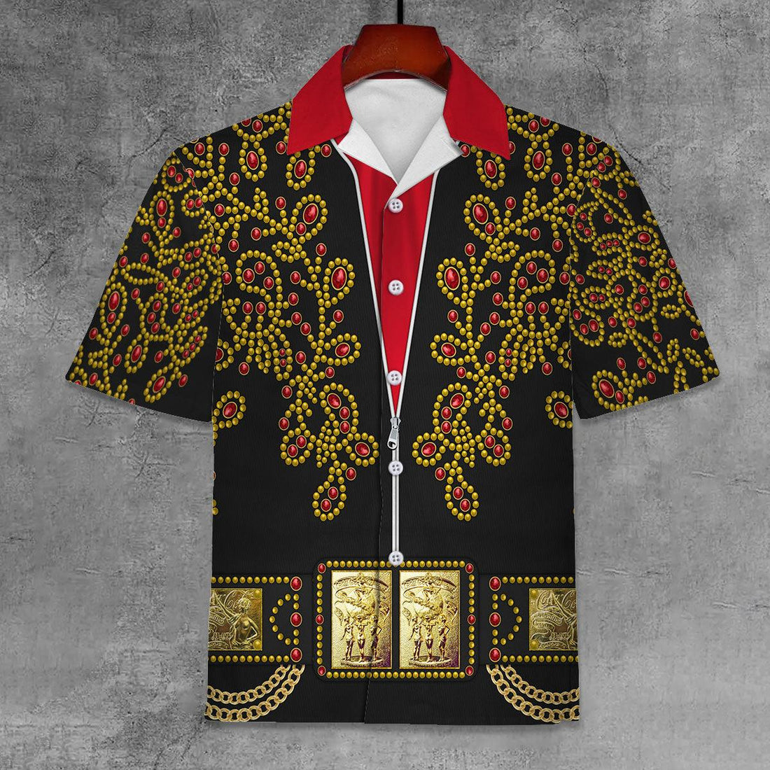 Gearhomie Elvis Spanish Flower - Black With Red Stones Unisex Hawaii Shirt - Gearhomie.com