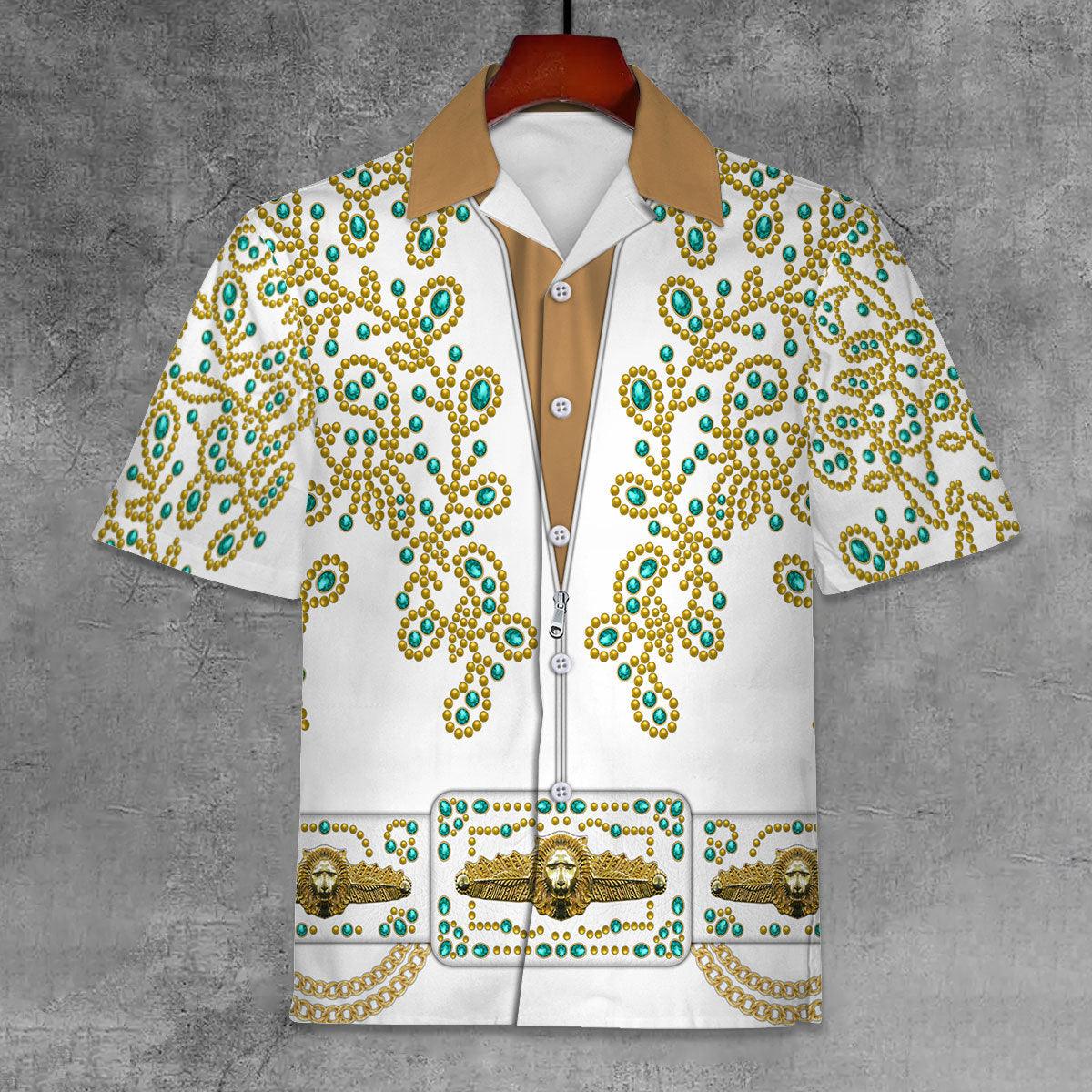 CustomsPig Elvis Spanish Flower - White With Green Stones Unisex Hawaii Shirt - CustomsPig.com