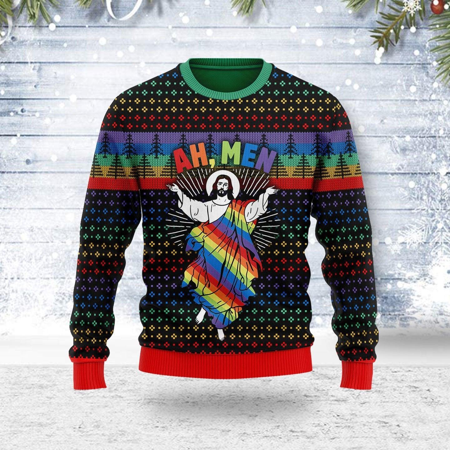 Jesus Ah Men LGBTQ+ Ugly Christmas Sweater - CustomsPig