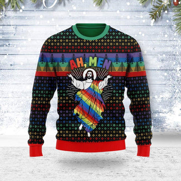 Jesus Ah Men LGBTQ+ Ugly Christmas Sweater - CustomsPig