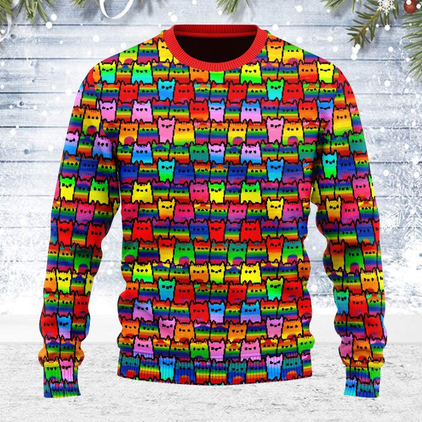 LGBTQ+ Rainbow Flag Cat Ugly Christmas Sweater - DucG