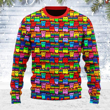 LGBTQ+ Rainbow Flag Cat Ugly Christmas Sweater - DucG