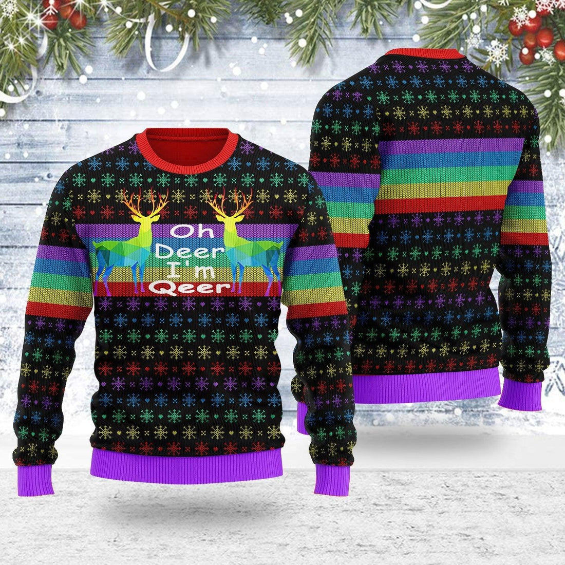 Oh Deer I'm Qeer LGBT Ugly Christmas Sweater - DucG
