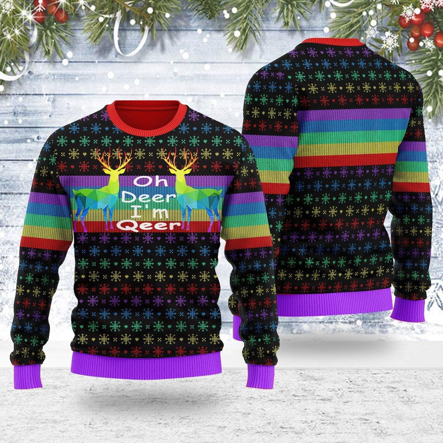 Oh Deer I'm Qeer LGBT Ugly Christmas Sweater - DucG