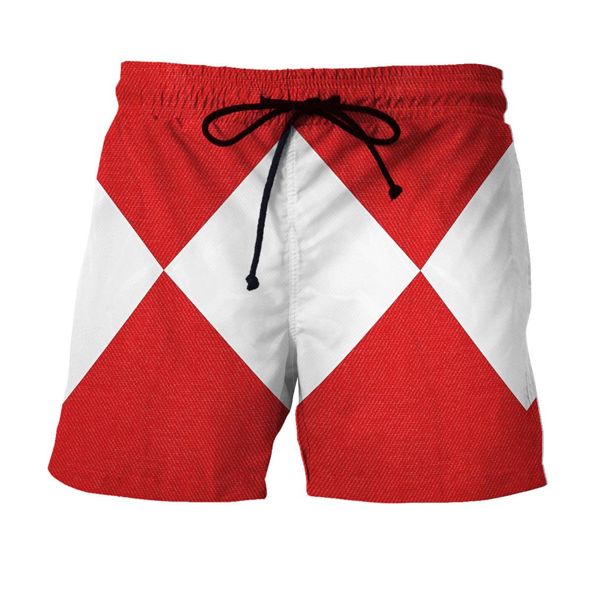 Red Ranger Mighty Morphin Hawaiian Shirt Beach Shorts - CustomsPig.com