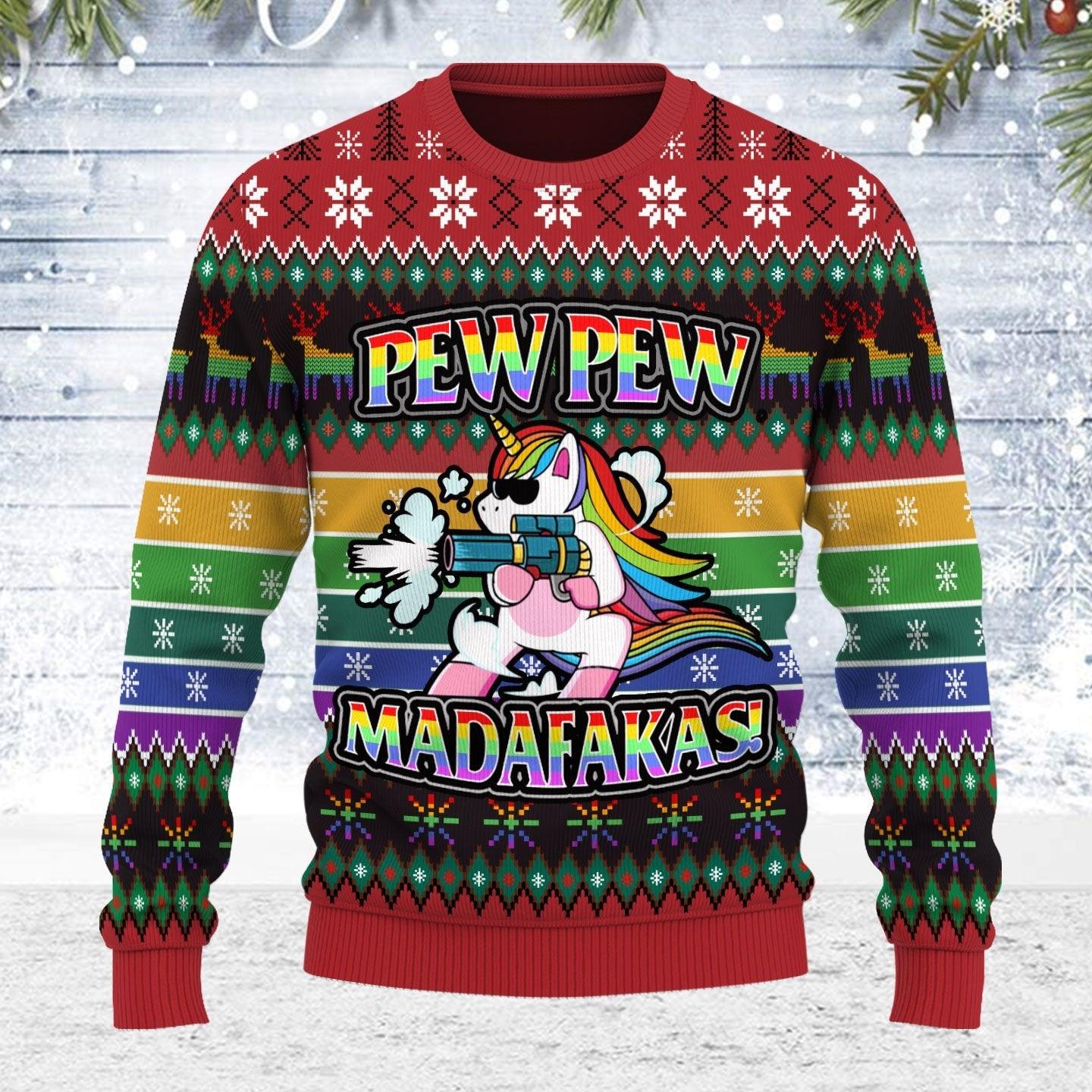 Unicorn LGBT Pew Pew Ugly Christmas Sweater - DucG