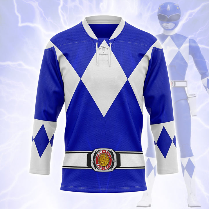 HumansBold Blue Ranger Mighty Morphin Hockey Jersey