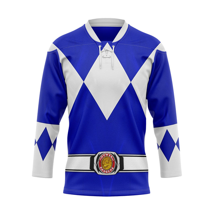 HumansBold Blue Ranger Mighty Morphin Hockey Jersey