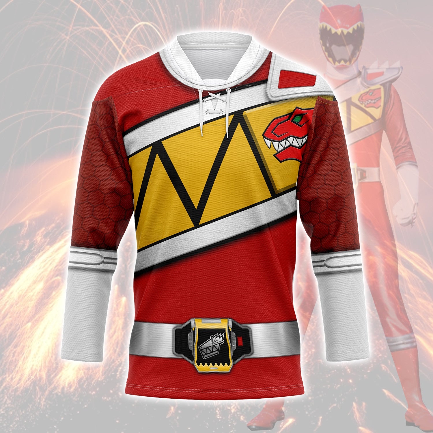 HumansBold Red Power Rangers Dino Charge Hockey Jersey