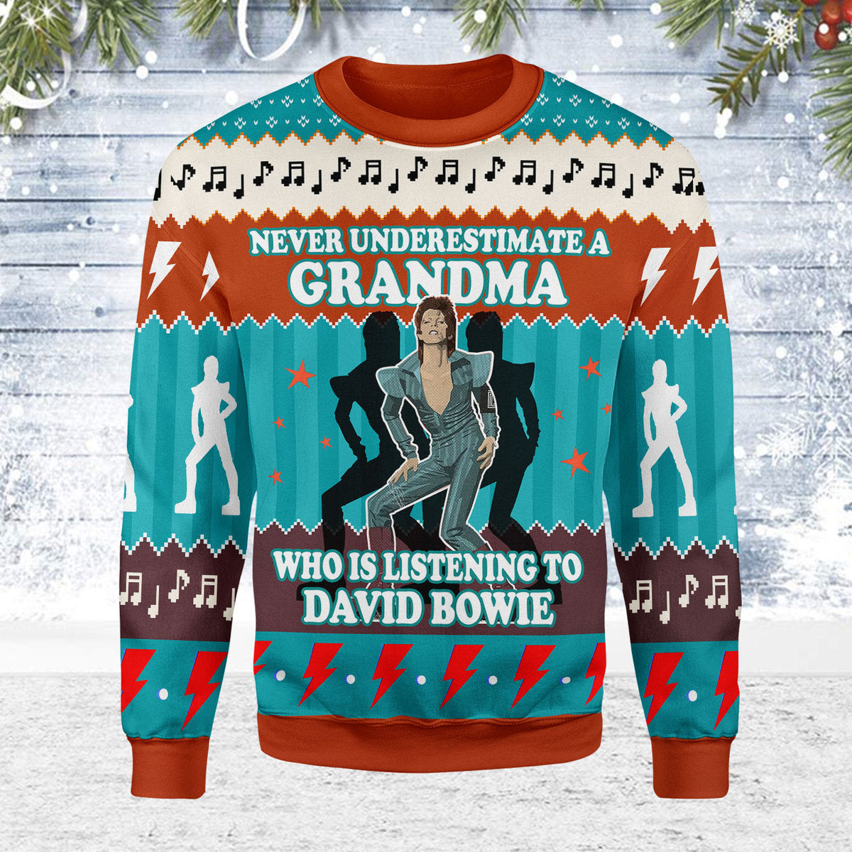 CustomsPig Never Underestimate A Grandma Who Is Listening To David Bowie Christmas Ugly Sweater