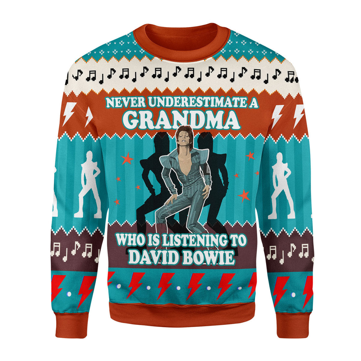 CustomsPig Never Underestimate A Grandma Who Is Listening To David Bowie Christmas Ugly Sweater