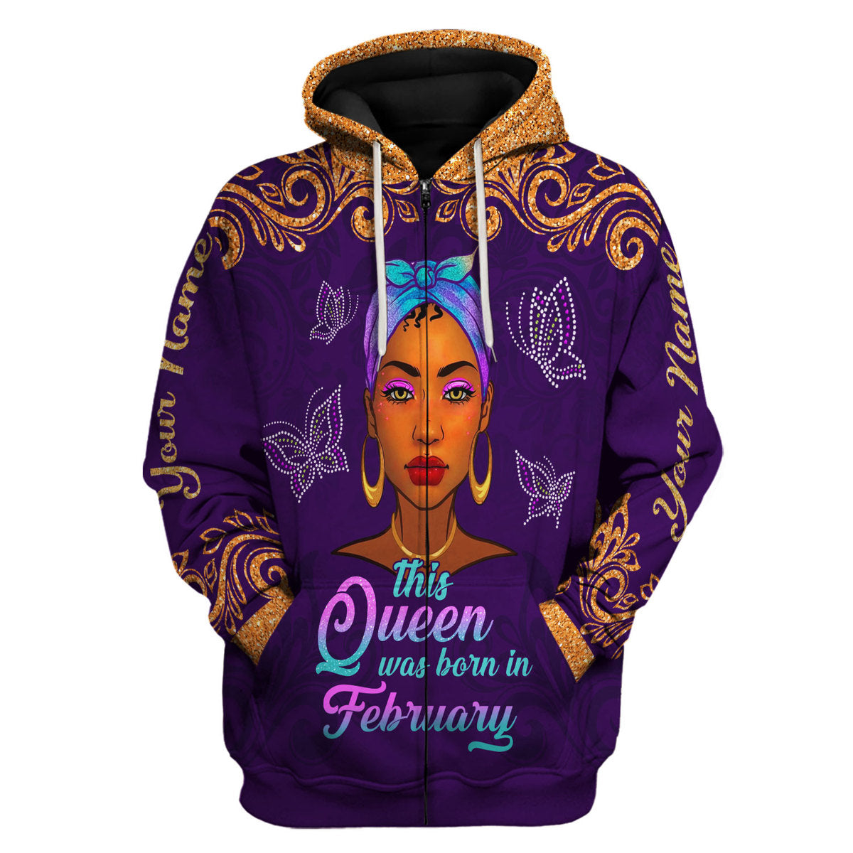 CustomsPig Personalized Zip Hoodie February Queen All Over Printed