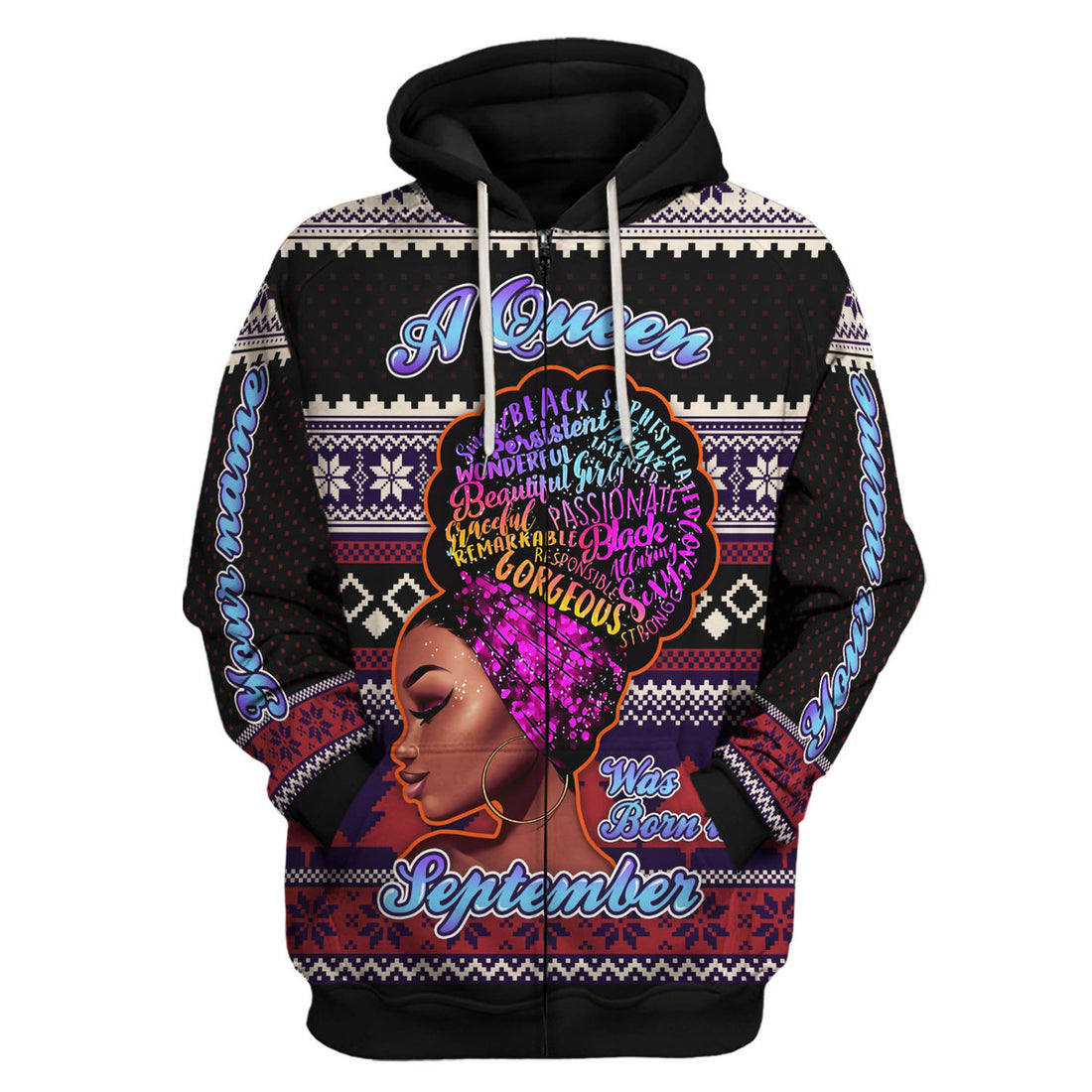 CustomsPig Personalized Zip Hoodie A Queen Was Born In September All Over Printed