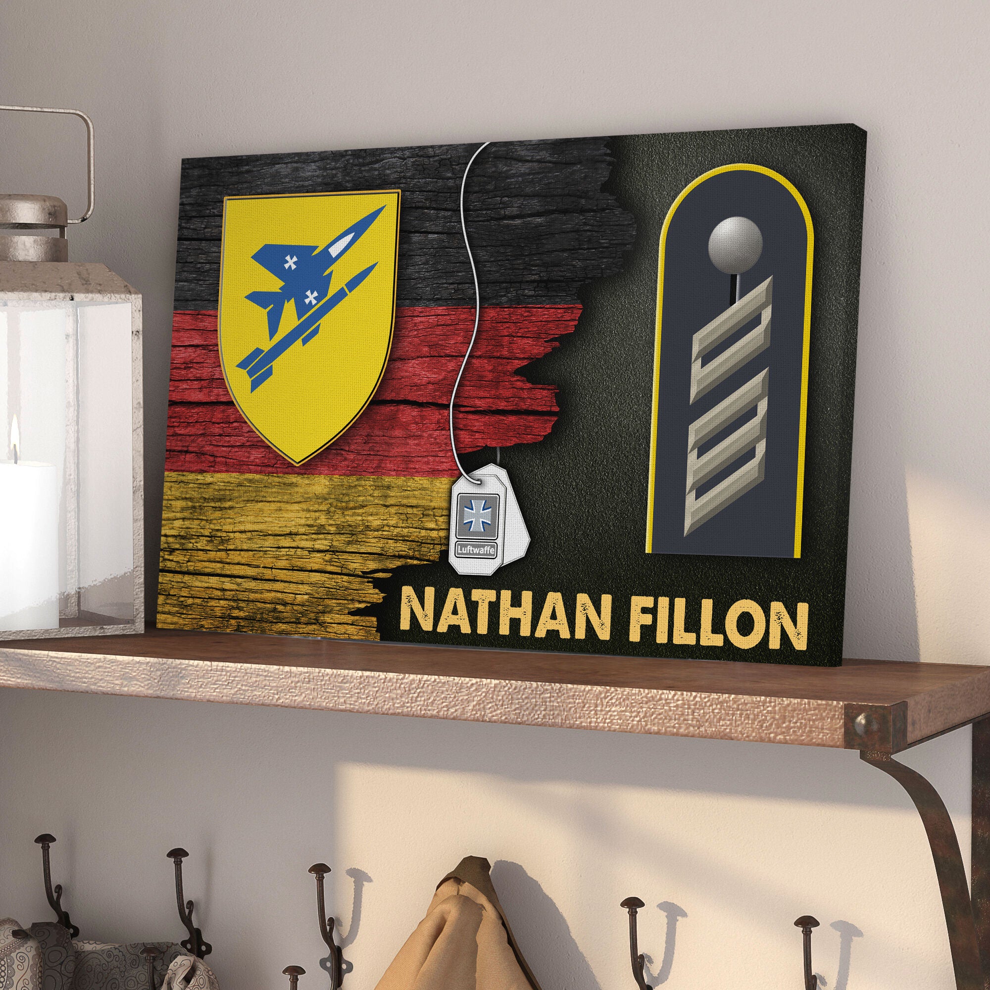 Personalized Name and Ranks- German Air Force Luftwaffe Half Flag With Military Ranks/Insignia Digital File/Canvas