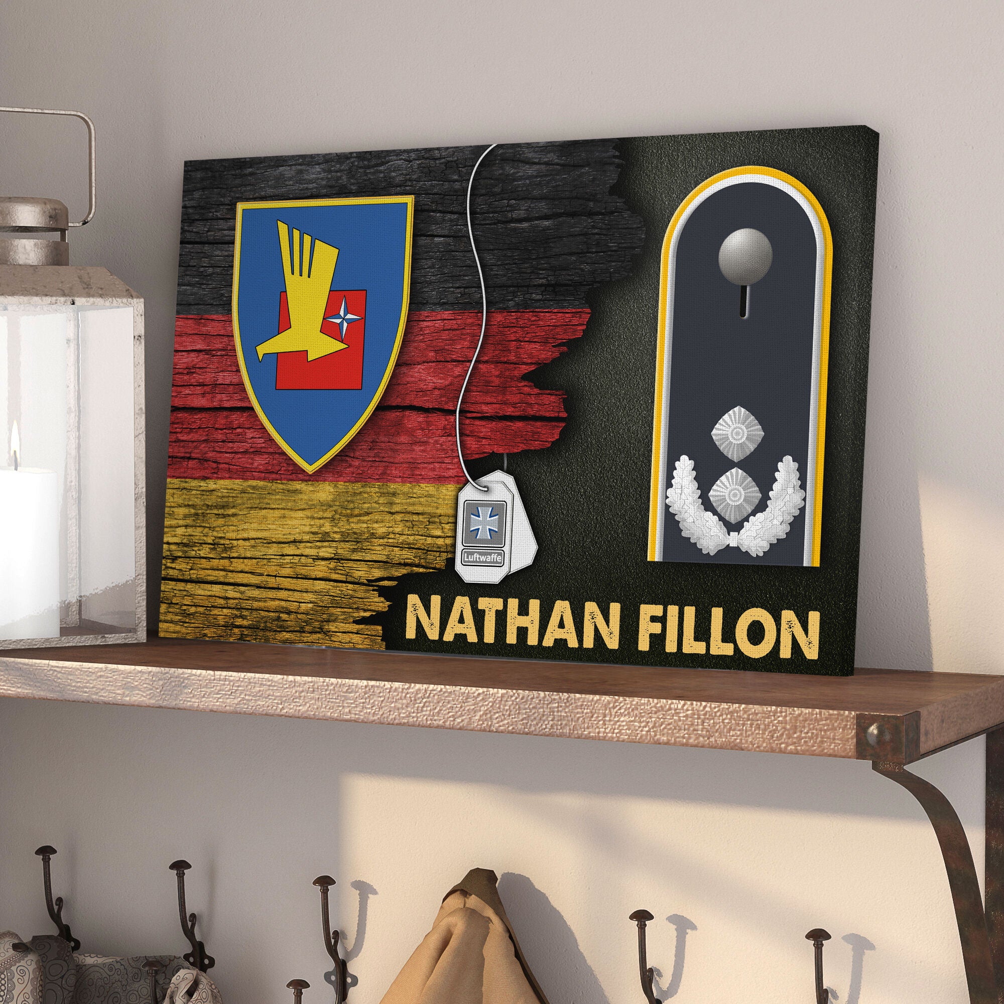 Personalize Name and Ranks- Air Force Forces Command - German Air Force Luftwaffe Half Flag With Military Ranks/Insignia Digital File Canvas
