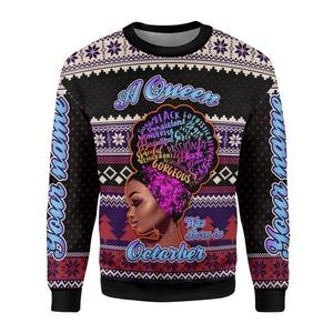 CustomsPig Personalized Ugly Sweater A Queen Was Born In October All Over Printed