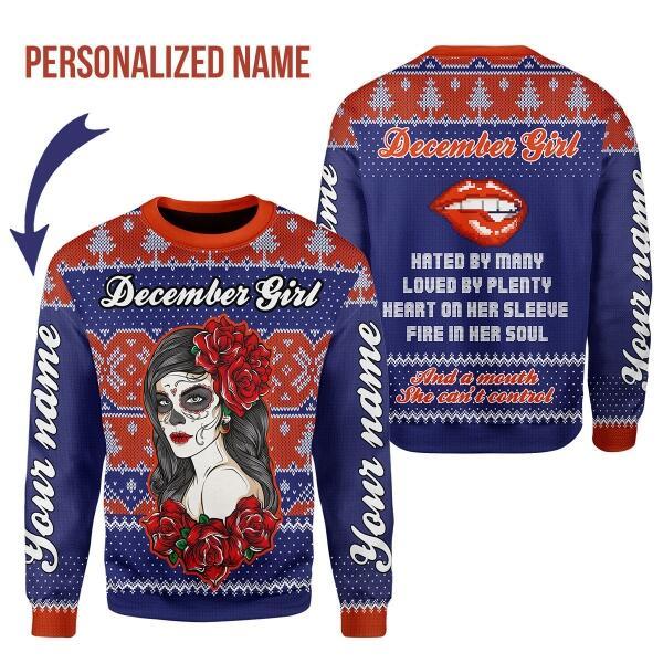 CustomsPig Personalized Ugly Sweater December Girl Hated By Many Loved By Plenty All Over Printed