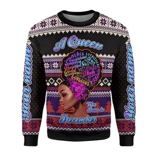 CustomsPig Personalized Ugly Sweater A Queen Was Born In December All Over Printed