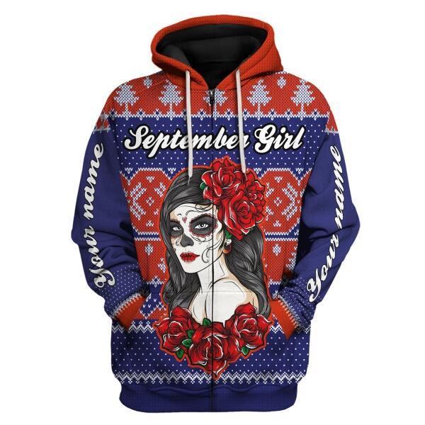 CustomsPig Personalized Name Zip Hoodie September Girl All Over Printed