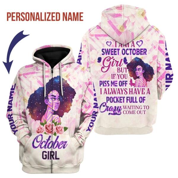 CustomsPig Personalized Zip Hoodie October Girl All Over Printed