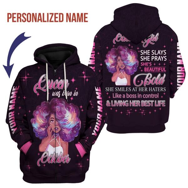 CustomsPig Personalized Zip Hoodie October Girl She's Beautiful Bold All Over Printed