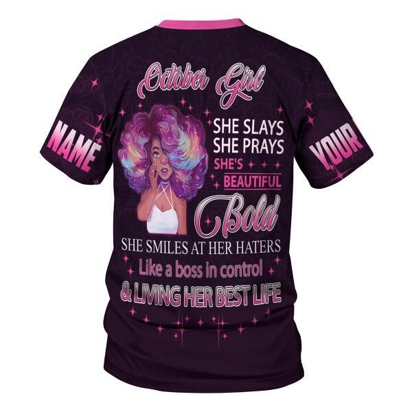 CustomsPig Personalized T-shirt October Girl She's Beautiful Bold All Over Printed