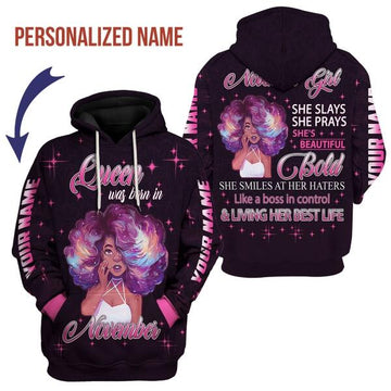 CustomsPig Personalized Hoodie November Girl She's Beautiful Bold All Over Printed