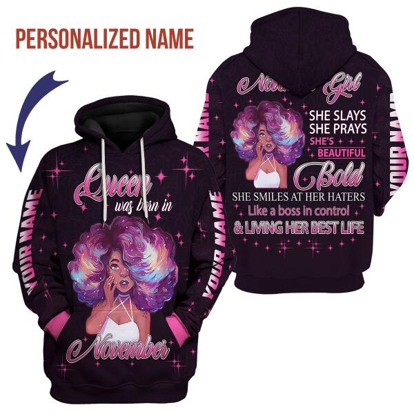 CustomsPig Personalized Hoodie November Girl She's Beautiful Bold All Over Printed