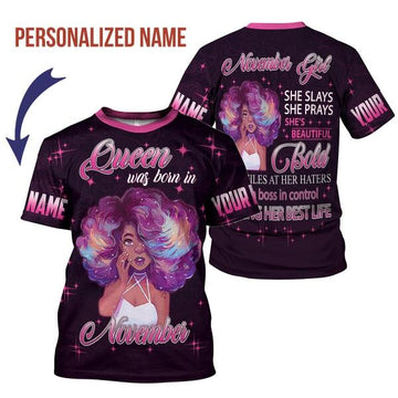 CustomsPig Personalized T-shirt November Girl She's Beautiful Bold All Over Printed