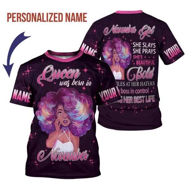 CustomsPig Personalized T-shirt November Girl She's Beautiful Bold All Over Printed