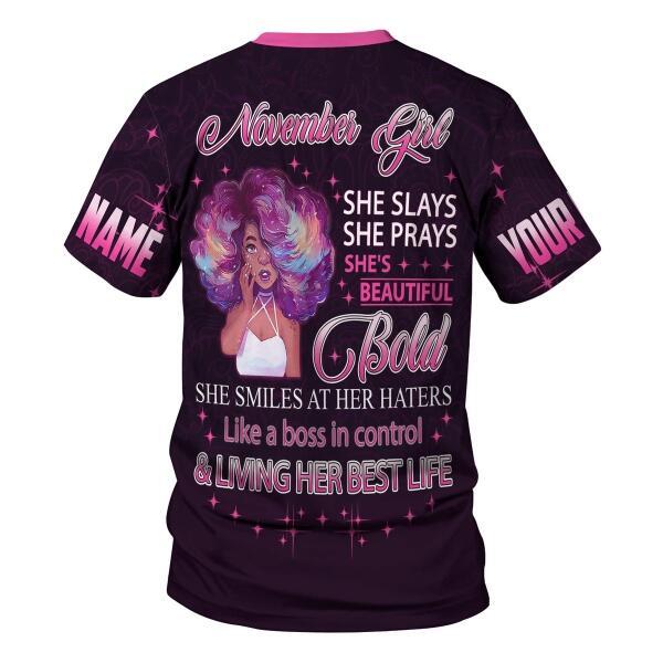 CustomsPig Personalized T-shirt November Girl She's Beautiful Bold All Over Printed