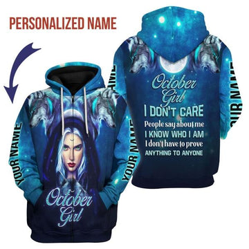 CustomsPig Personalized Zip Hoodie October Girl I Don't Care All Over Printed
