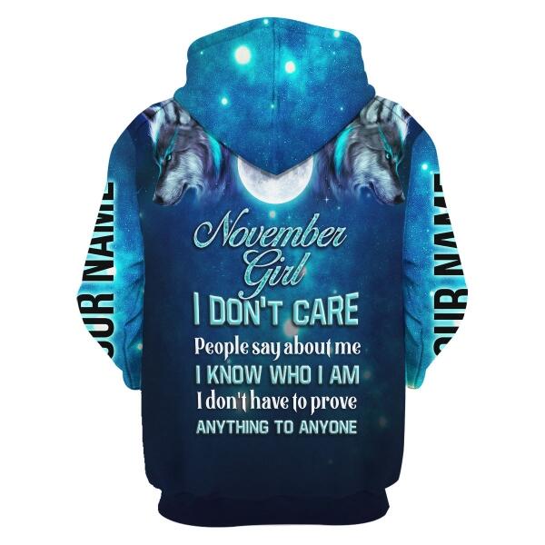 CustomsPig Personalized Hoodie November Girl I Don't Care Blue All Over Printed