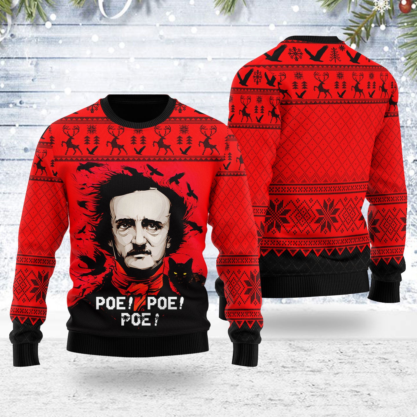 Customspig Ugly Christmas Sweater The Raven And The Black Cat 3D Apparel