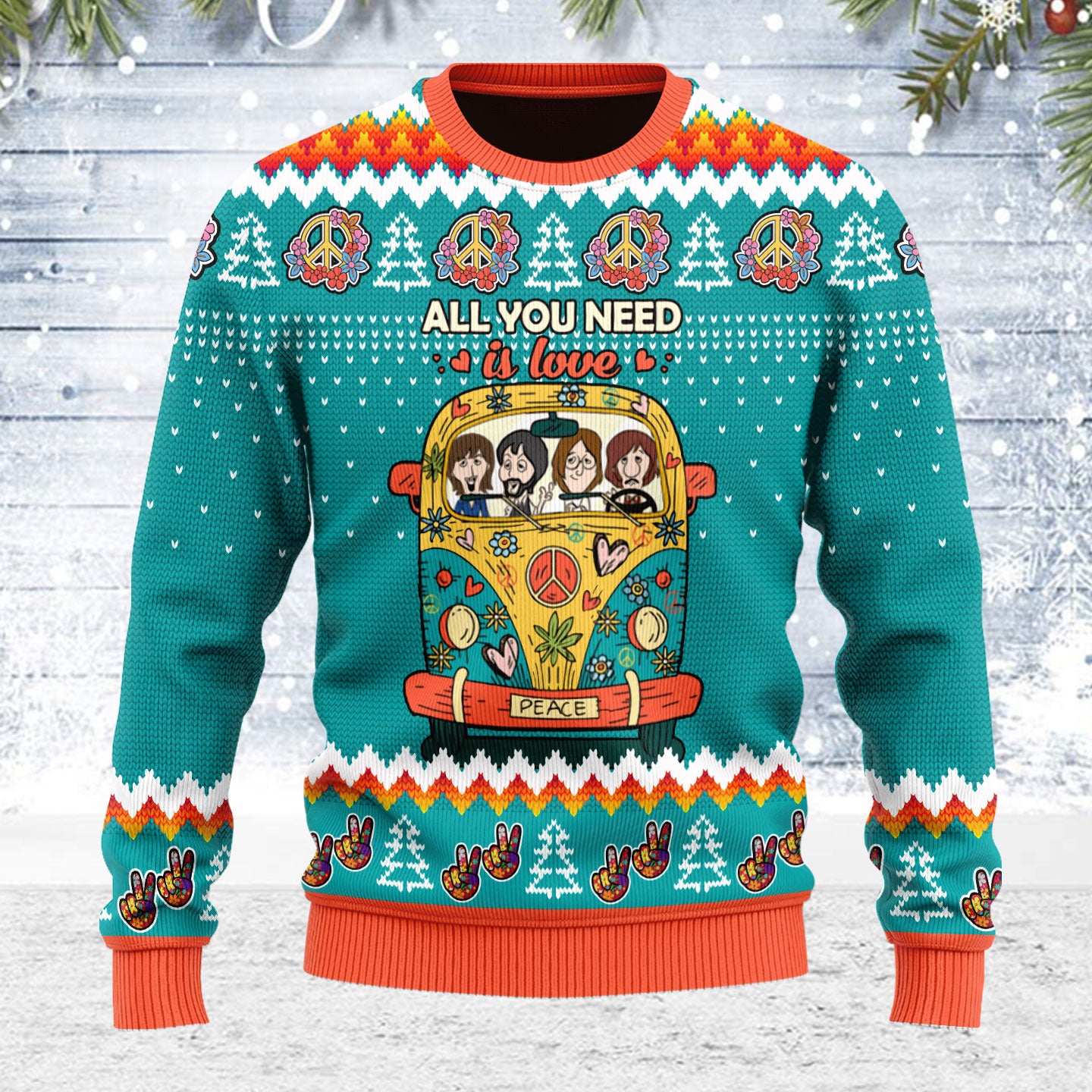 Customspig Ugly Christmas Sweater All You Need Is Love Hippie 3D Apparel