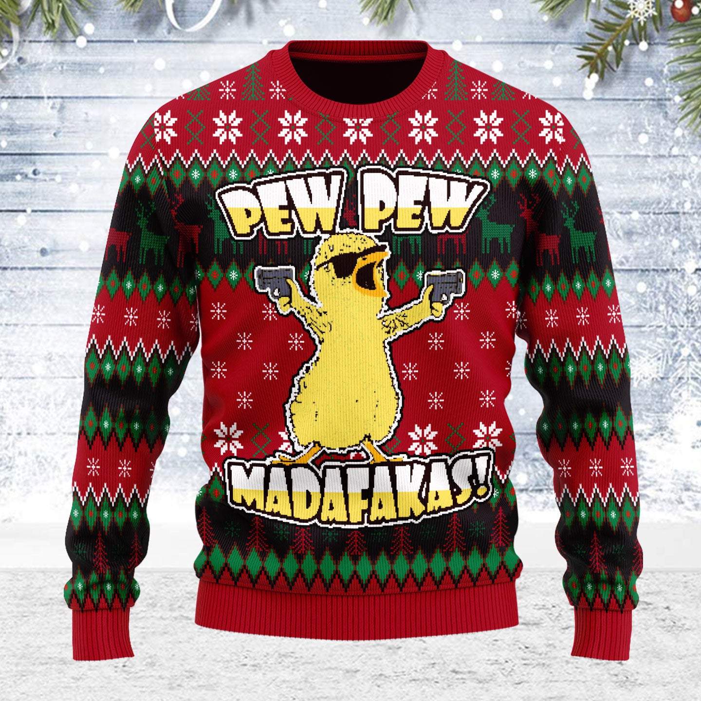 Customspig Ugly Christmas Sweater Chicken Pew Pew Madafakas Funny Chicken Gangster 3D Apparel