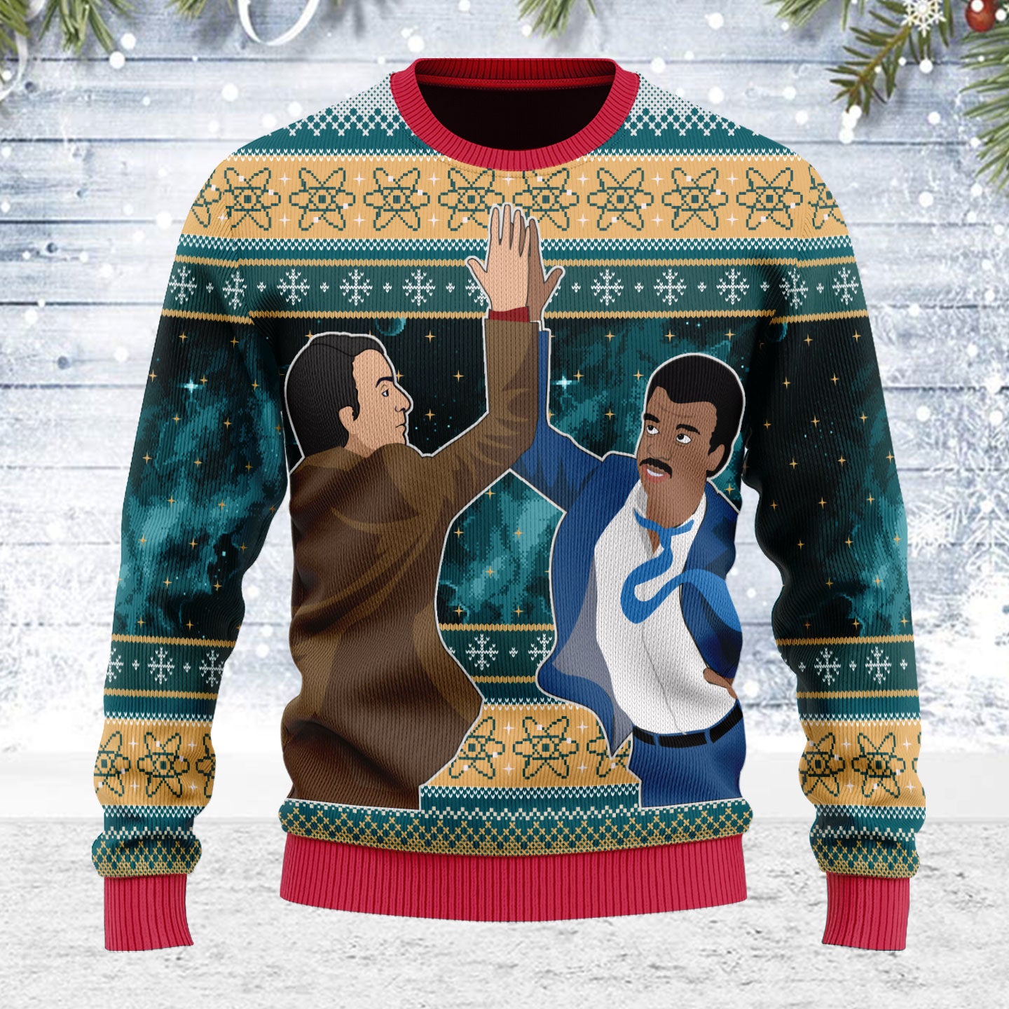 Customspig Ugly Christmas Sweater Neil High Fiving Carl Sagan 3D Apparel