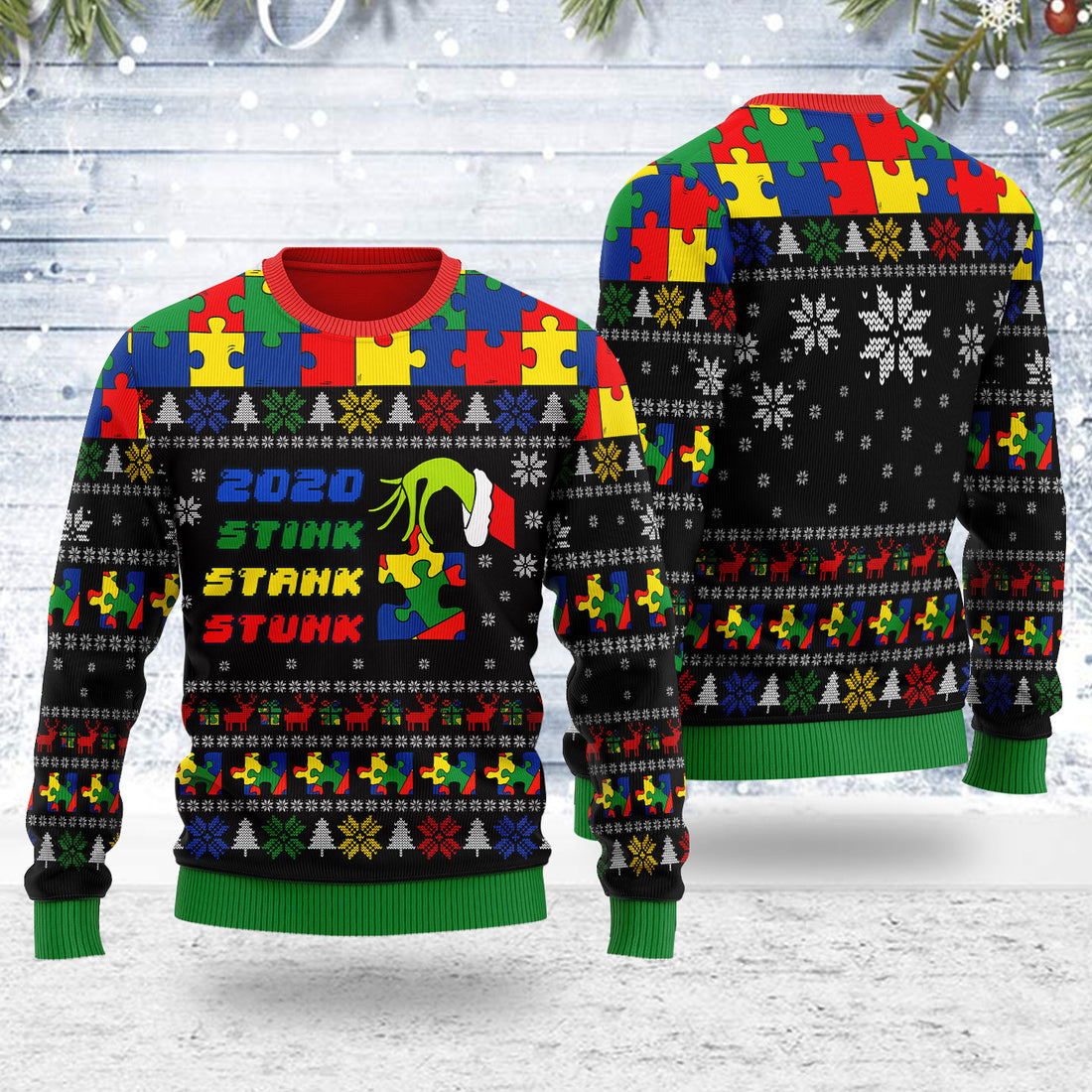 Customspig Ugly Christmas Sweater Stink Stank Stunk Autism 3D Apparel