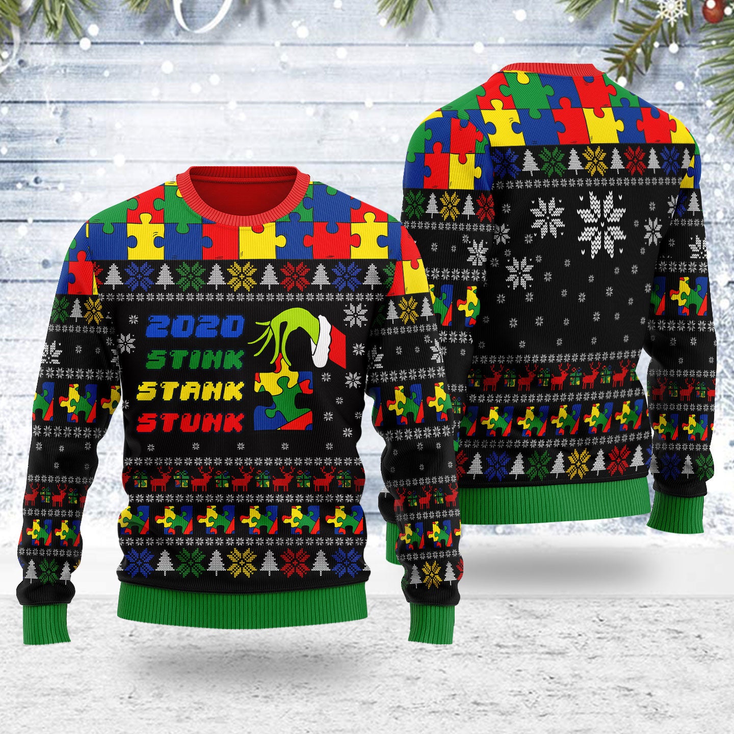 Customspig Ugly Christmas Sweater Stink Stank Stunk Autism 3D Apparel