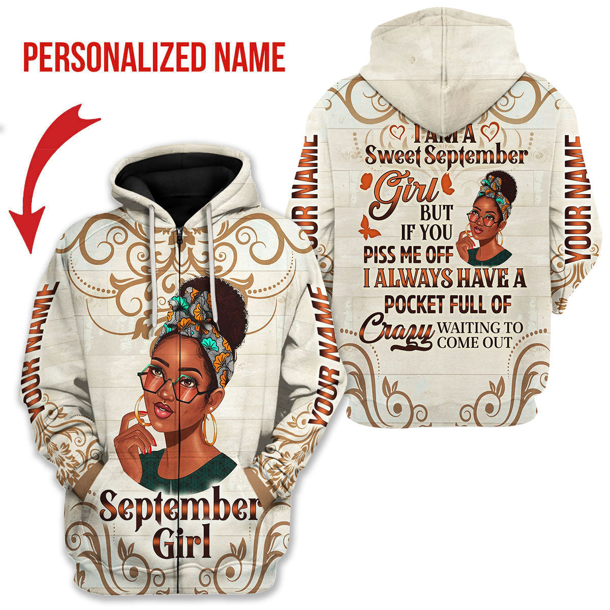 CustomsPig Personalized Zip Hoodie I'm A Sweet September Girl All Over Printed