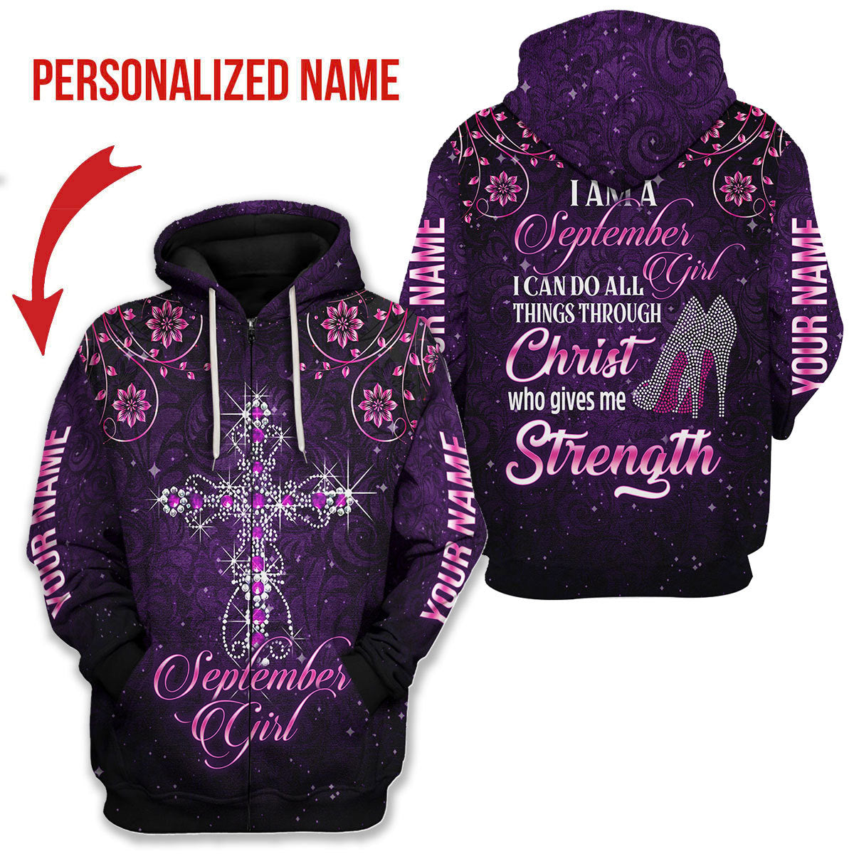 CustomsPig Personalized Zip Hoodie I Am A September Girl All Over Printed