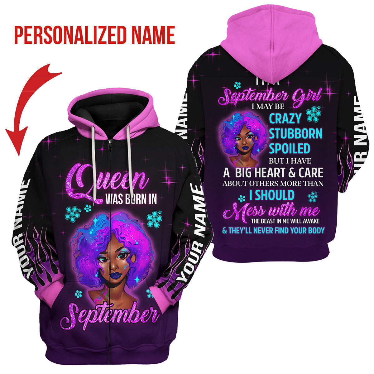 CustomsPig Personalized Zip Hoodie Queen Was Born In September All Over Printed