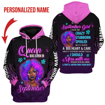 CustomsPig Personalized Zip Hoodie Queen Was Born In September All Over Printed