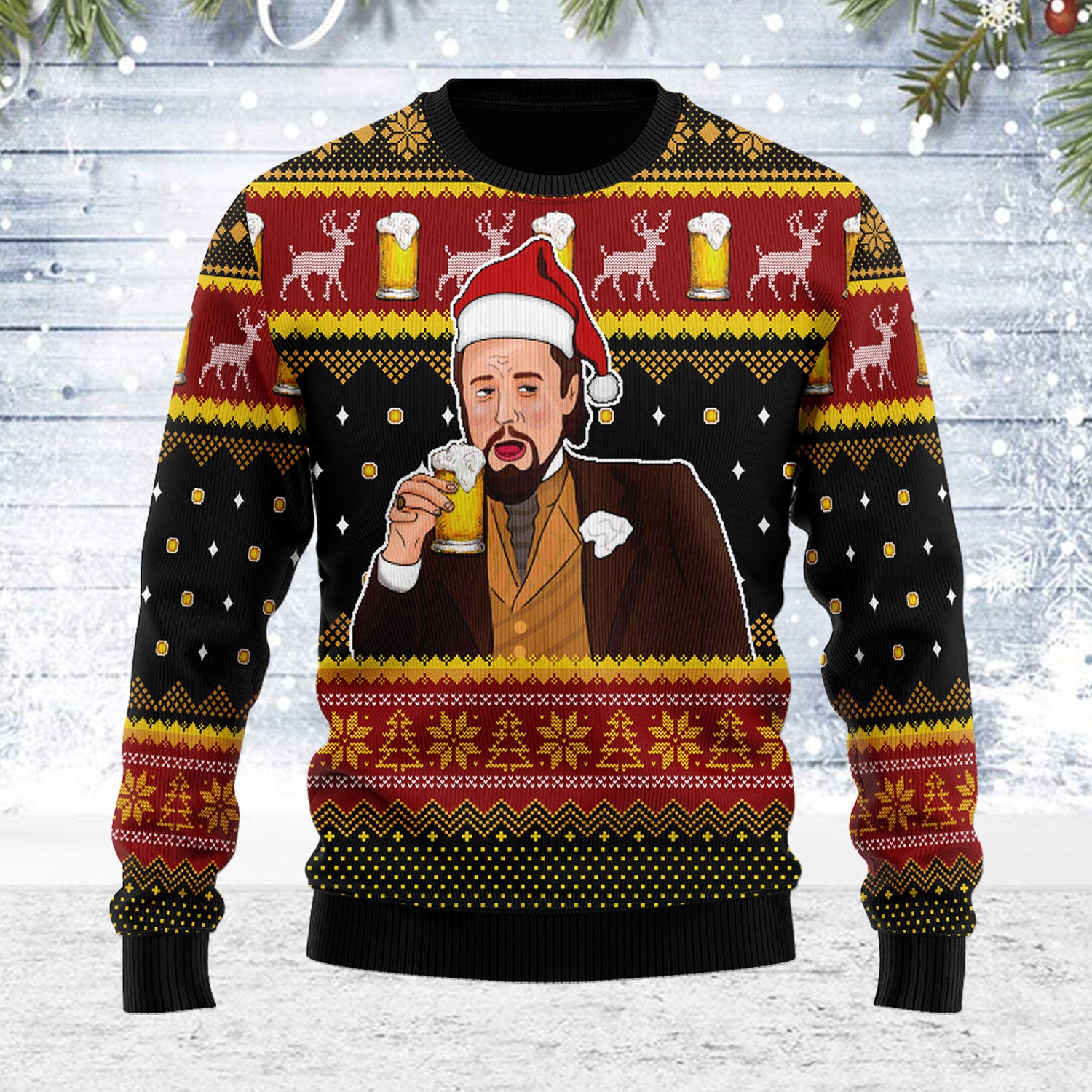 Customspig Ugly Christmas Sweater Leo Laughing Meme Drinking Bear 3D Apparel