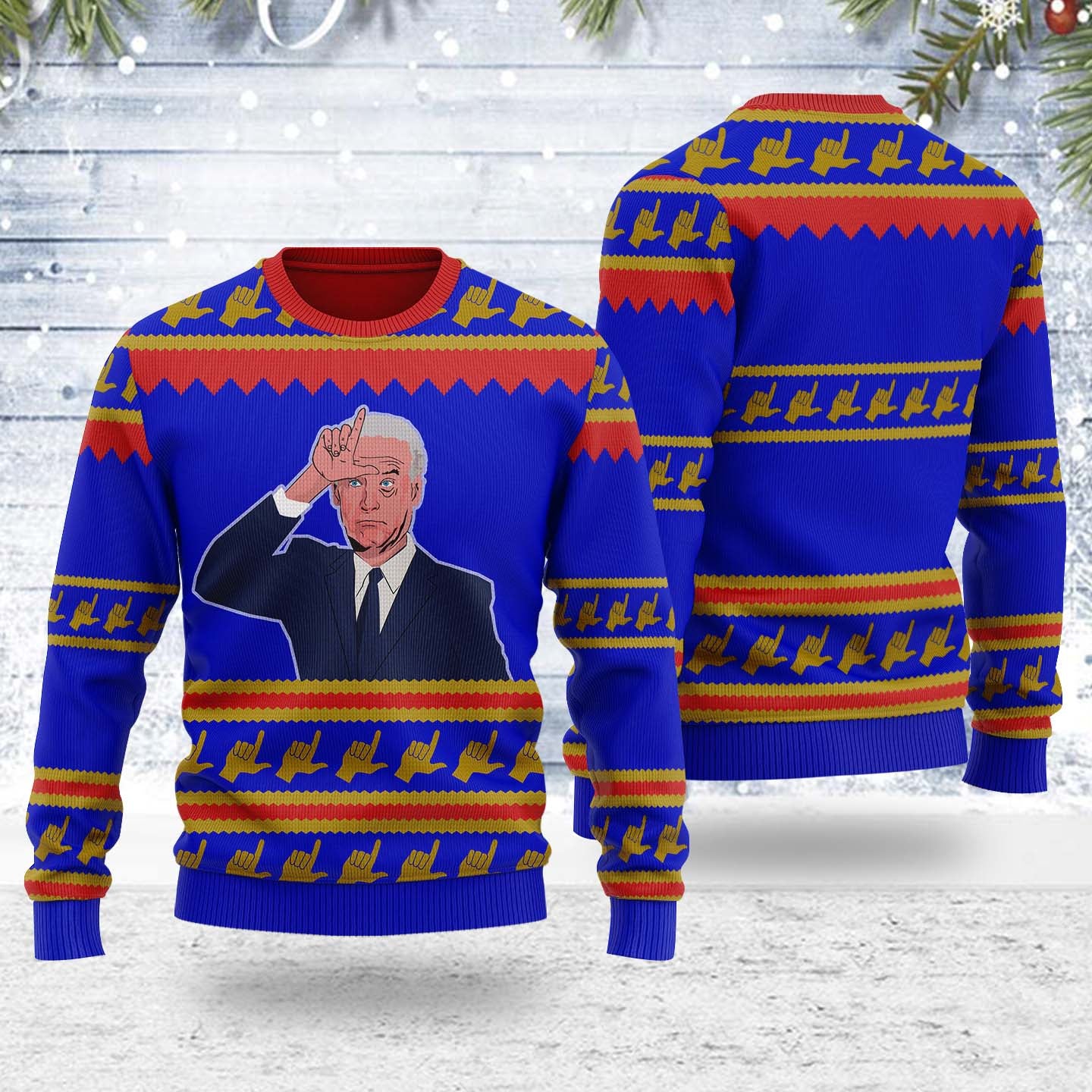 Customspig Ugly Christmas Sweater SNL Joe Biden And Kamala Harris Loser Hand Sign 3D Apparel