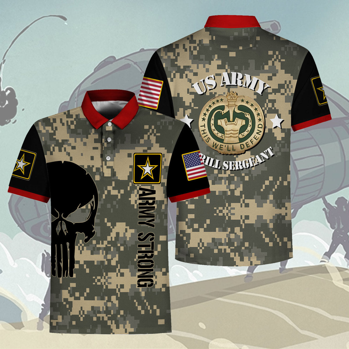 Customspig Polo Shirt WW1 Us Army Uniform Army Drill Sergeant Badge Shield Army 3D Apparel