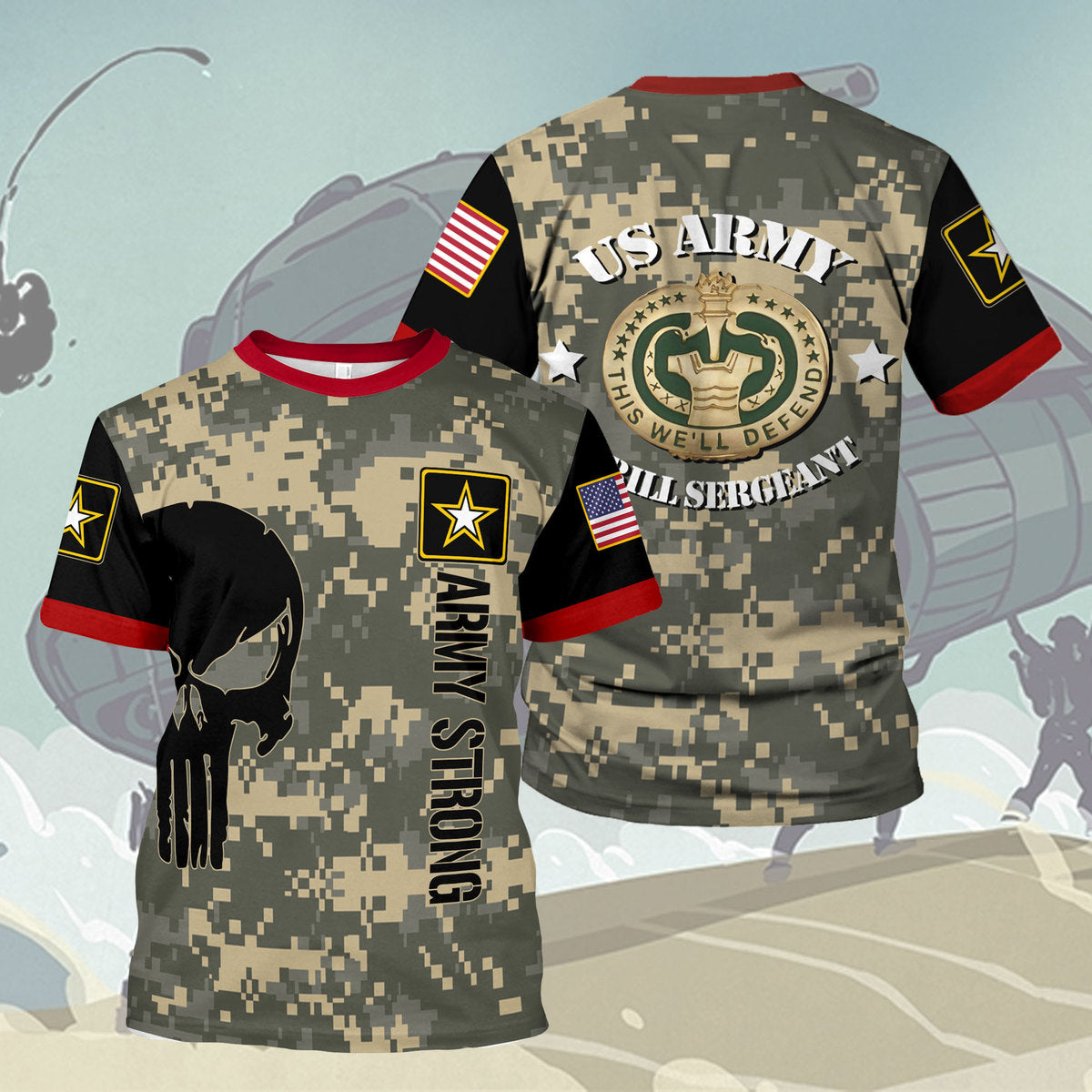 Customspig T-shirt WW1 US Army Uniform Army Drill Sergeant Badge Shield Army 3D Apparel