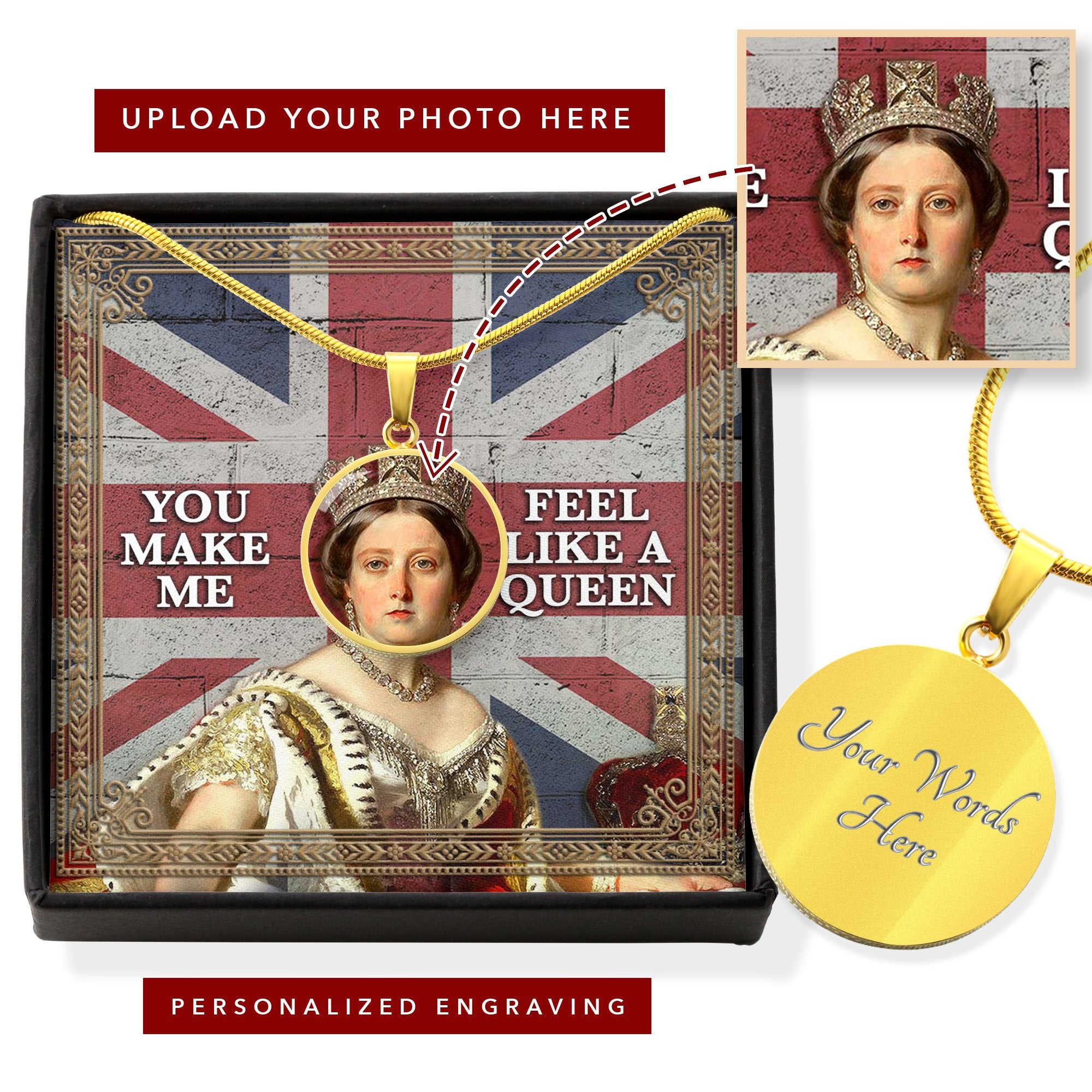 Personalised Face Portrait Queen Victoria You Are My Queen Circle Pendant With POD Message Card