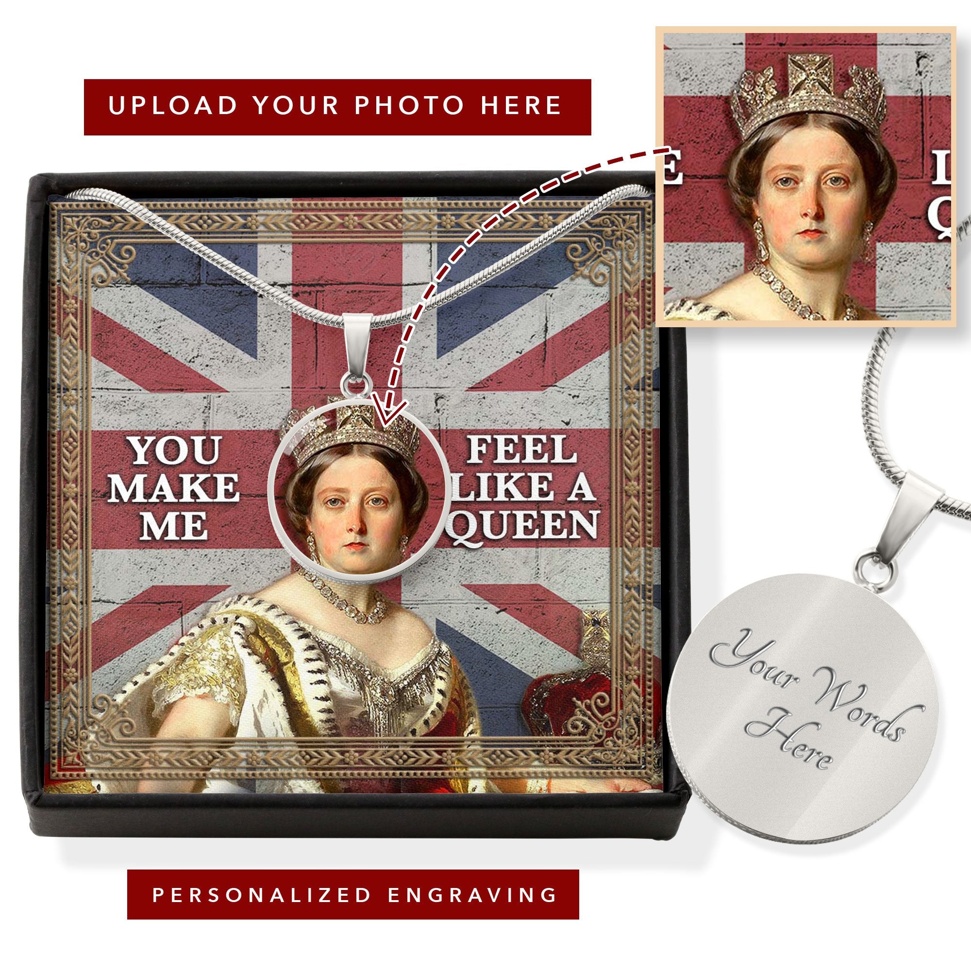 Personalised Face Portrait Queen Victoria You Are My Queen Circle Pendant With POD Message Card